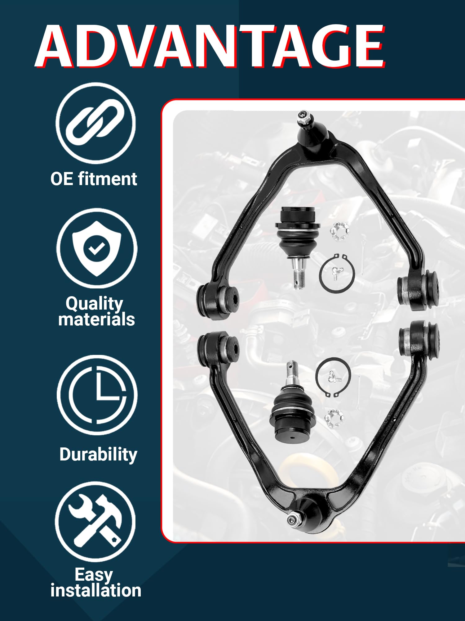 Ntoauto kit components laid out to show both upper arms and lower ball joints for easy inventory