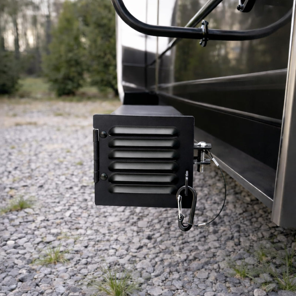 NUOVEPE lifestyle shot on RV rear illustrating clean appearance and protected hose storage