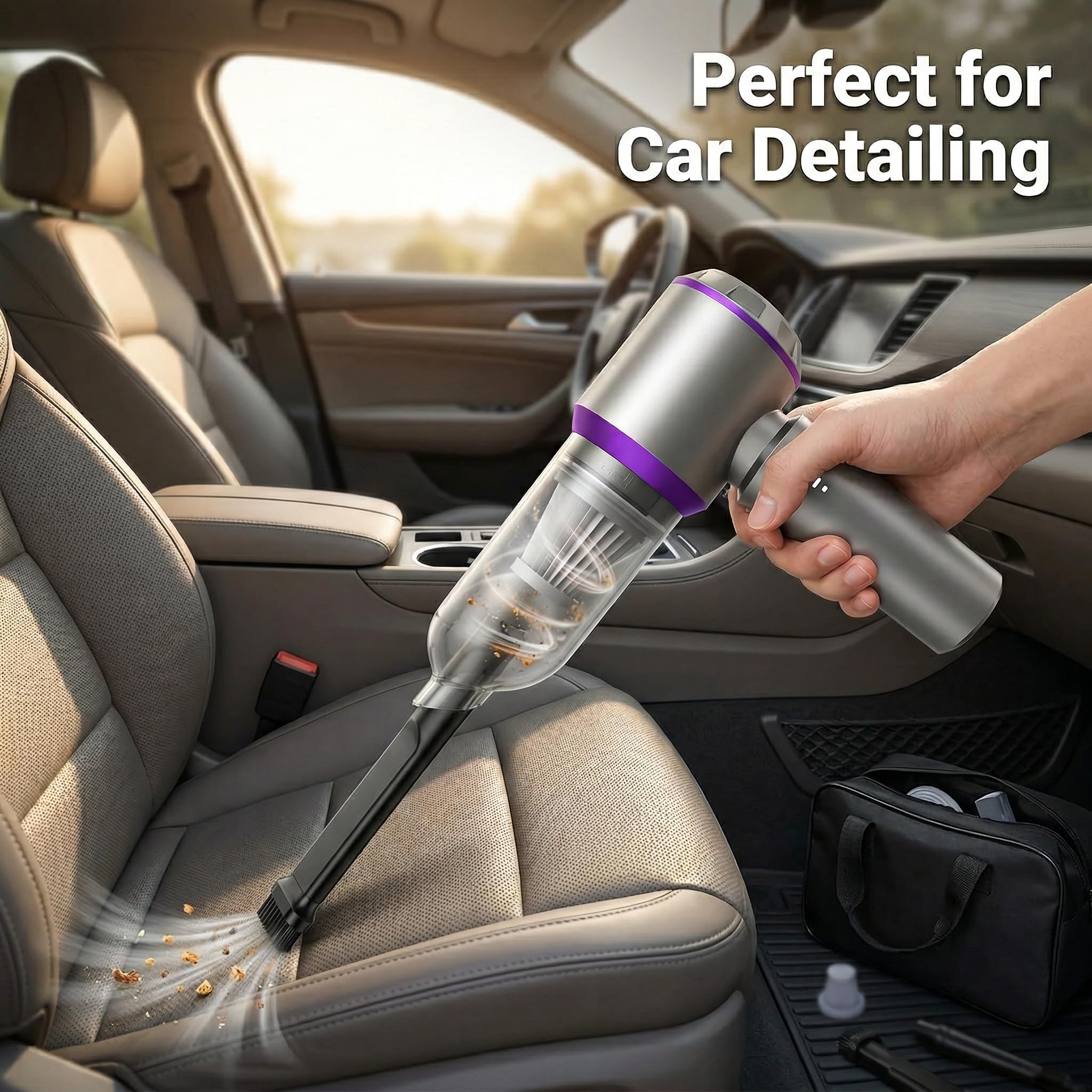 NWDEY blowing dust from dashboard demonstrating efficient air-duster function