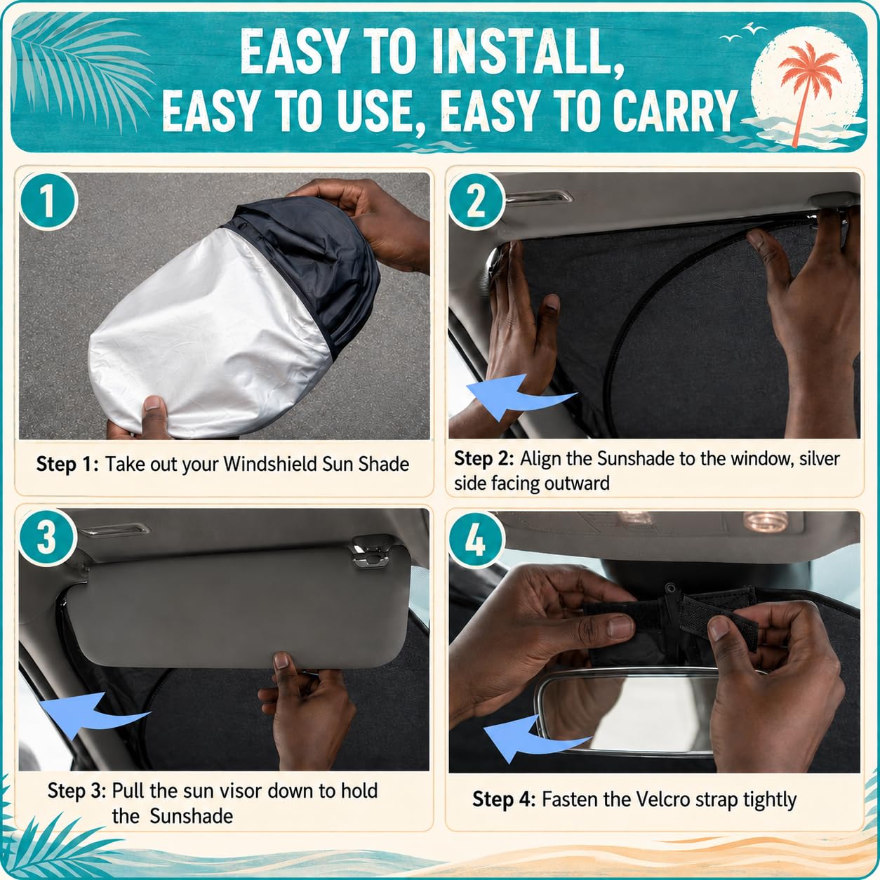 Nwgl sunshade next to steering wheel for clear size and fit reference