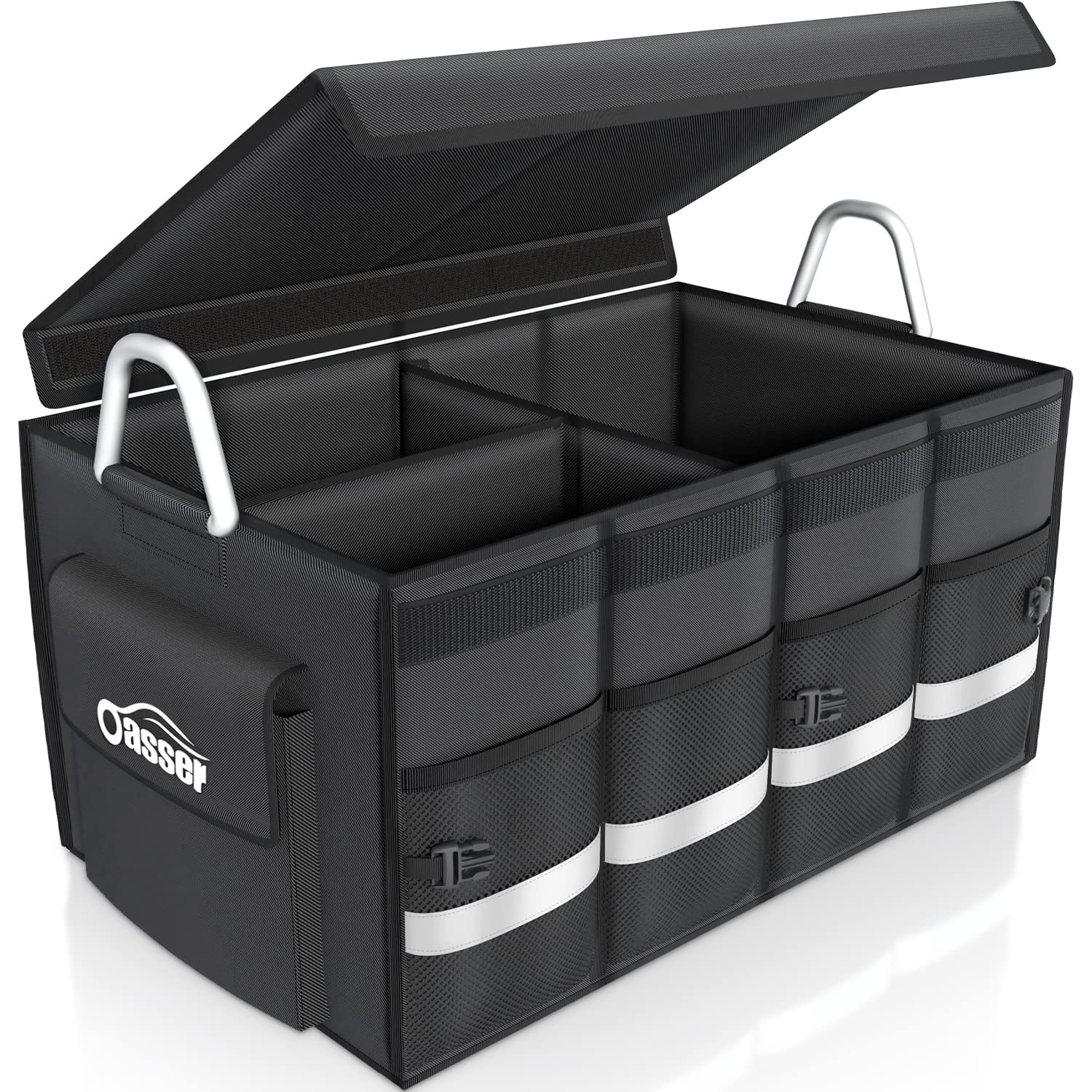 Oasser front view of large trunk organizer showing sturdy box and lid for organized storage