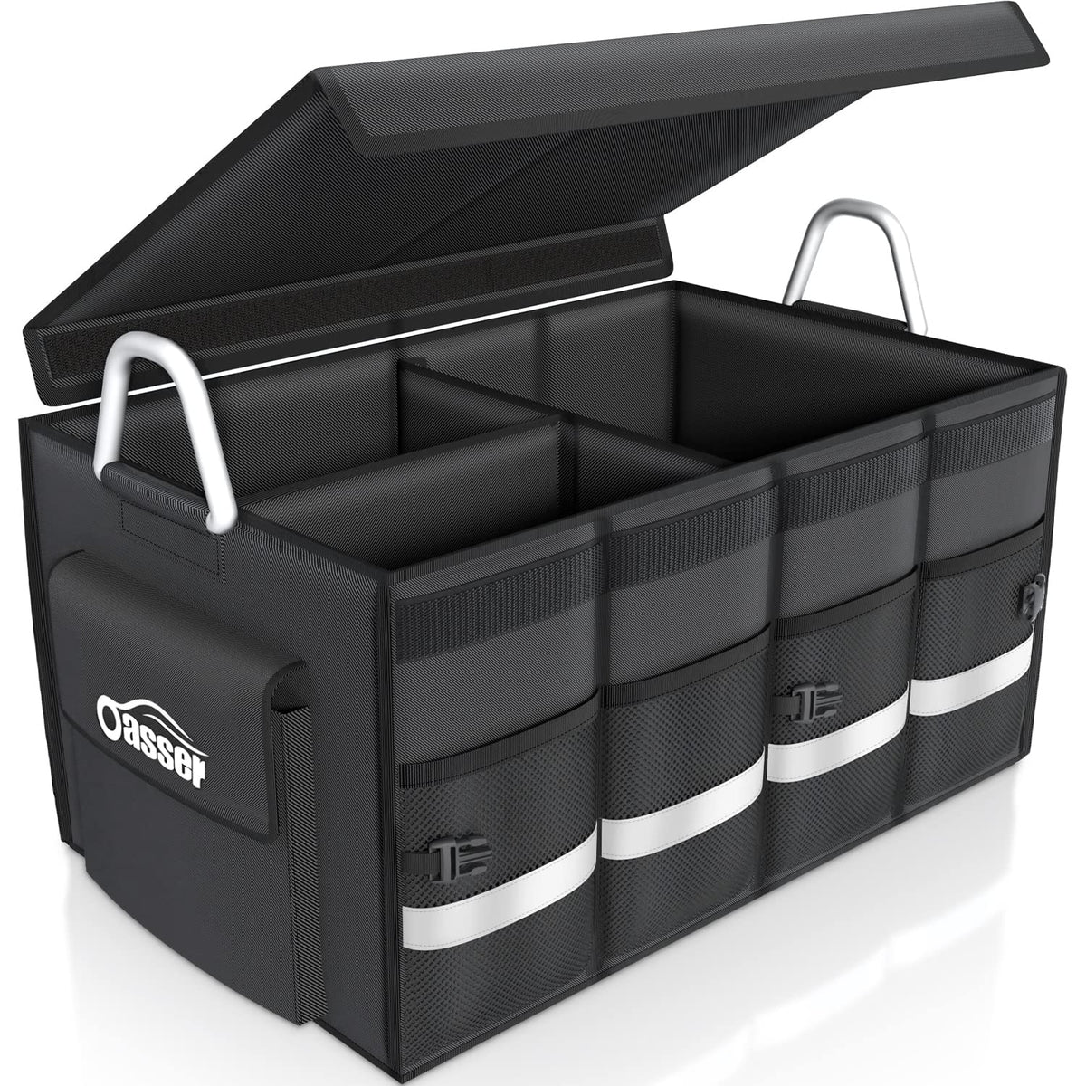 Oasser front view of large trunk organizer showing sturdy box and lid for organized storage
