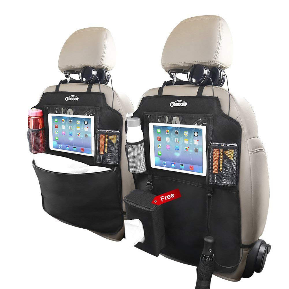 Oasser front seat protector full view showing coverage and organization benefit