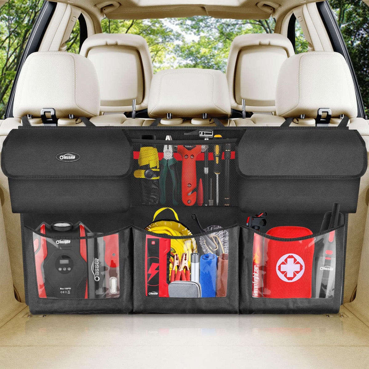 Oasser front view showing six compartments and neat storage benefit