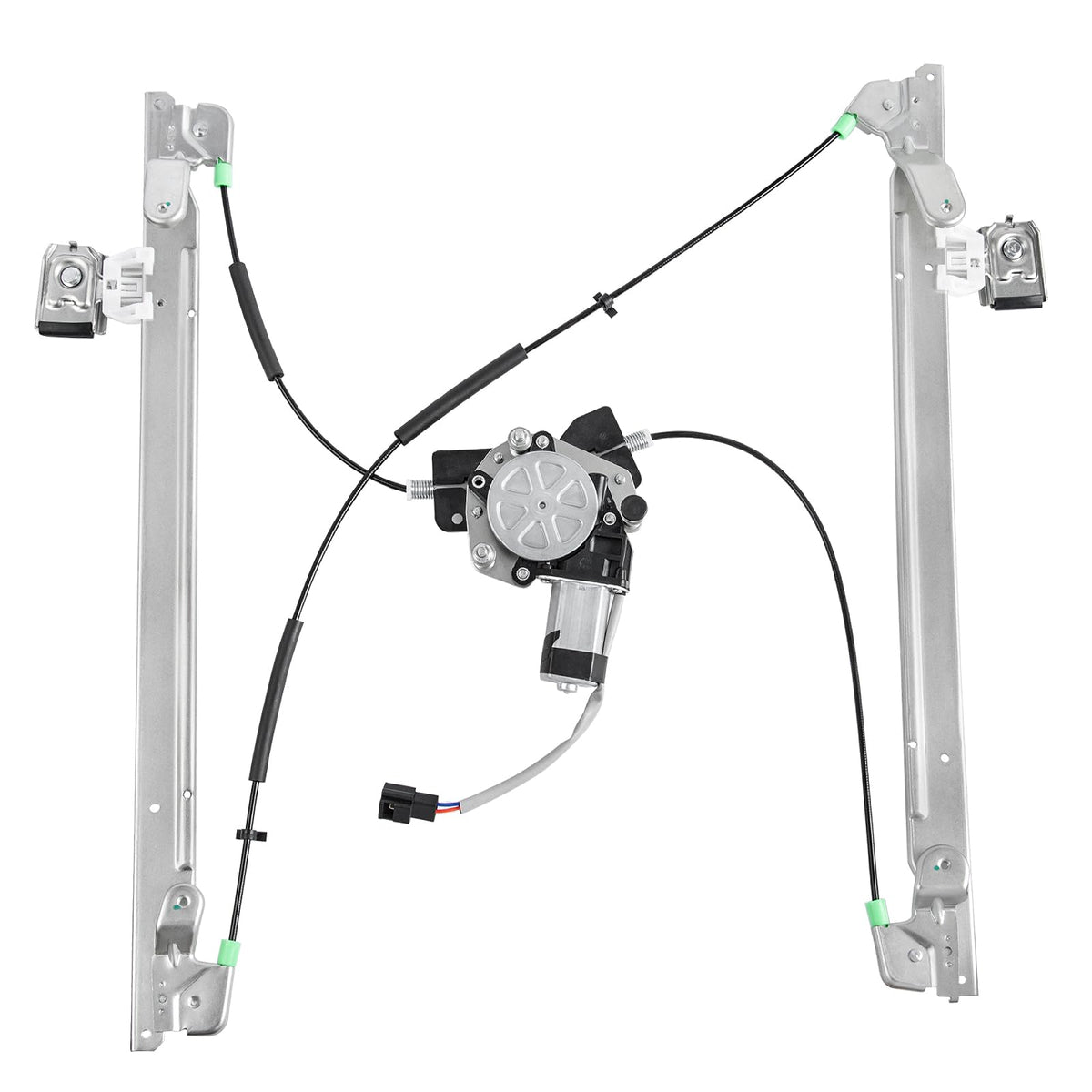 Obaee front-left regulator assembly showing mounting points and plug-in motor to ensure correct fit