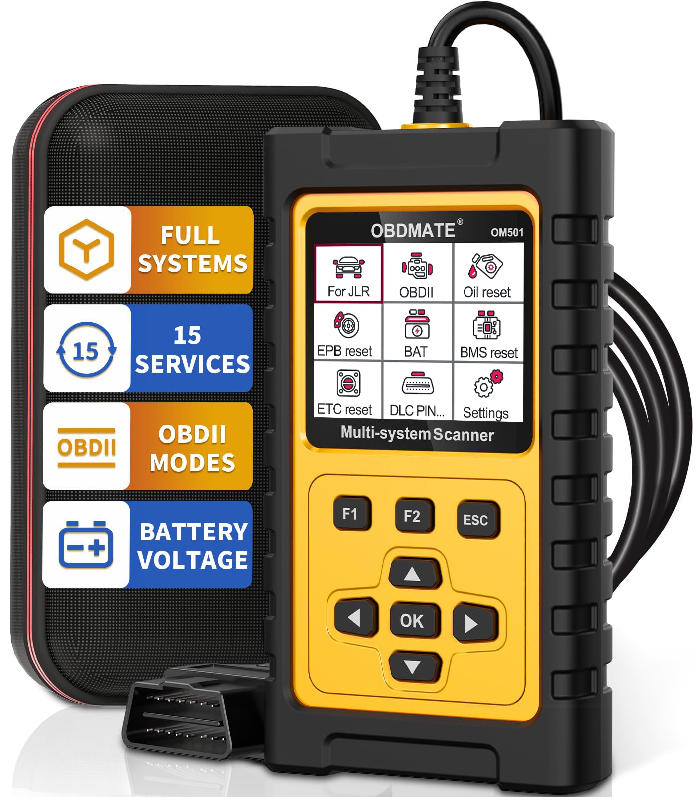 OBDMATE OM501 front view showing controls and compact design for quick diagnostics
