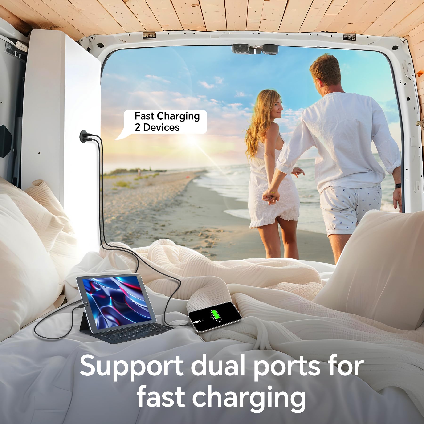 Obeaming powering two devices in a camper showing simultaneous fast charging capability