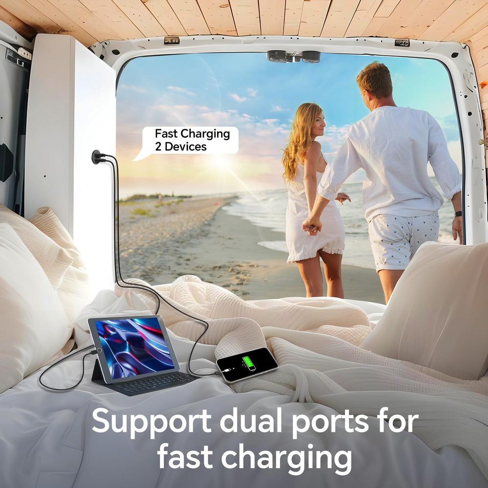 Obeaming powering two devices in a camper showing simultaneous fast charging capability