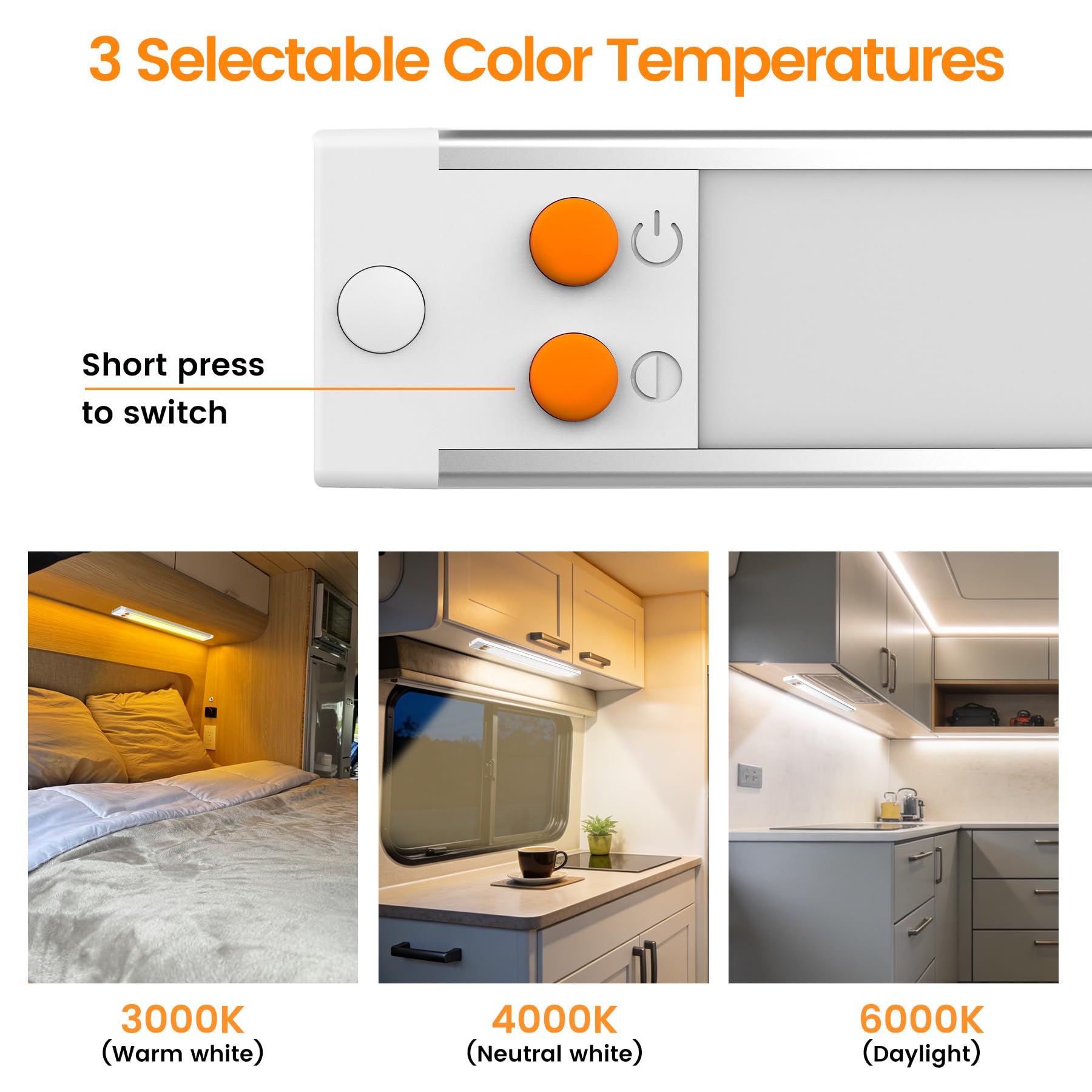 Obeaming close-up of integrated toggle switch offering quick color and dim control