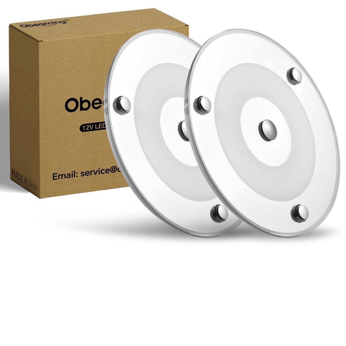 Obeaming front view of the 2-pack dome lights showing clean design and bright output