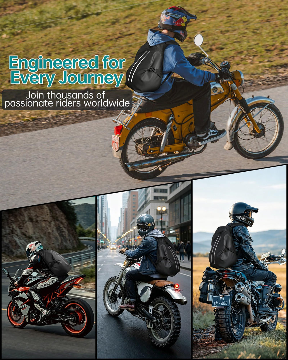 OCKLILY backpack on rider mounted to motorcycle for stable carry on roads