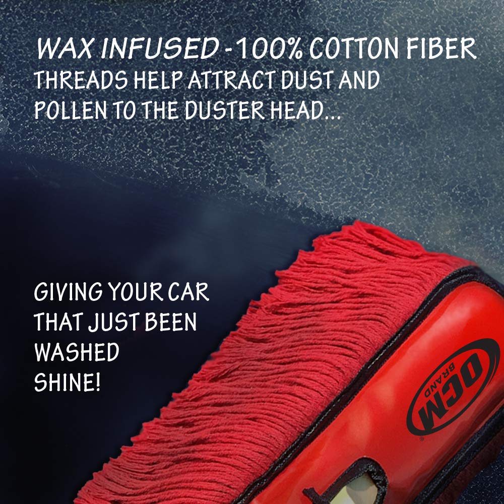 OCM Brand duster in use on car hood demonstrating quick between-wash maintenance