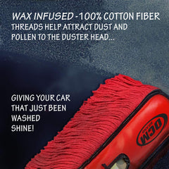 OCM Brand duster in use on car hood demonstrating quick between-wash maintenance
