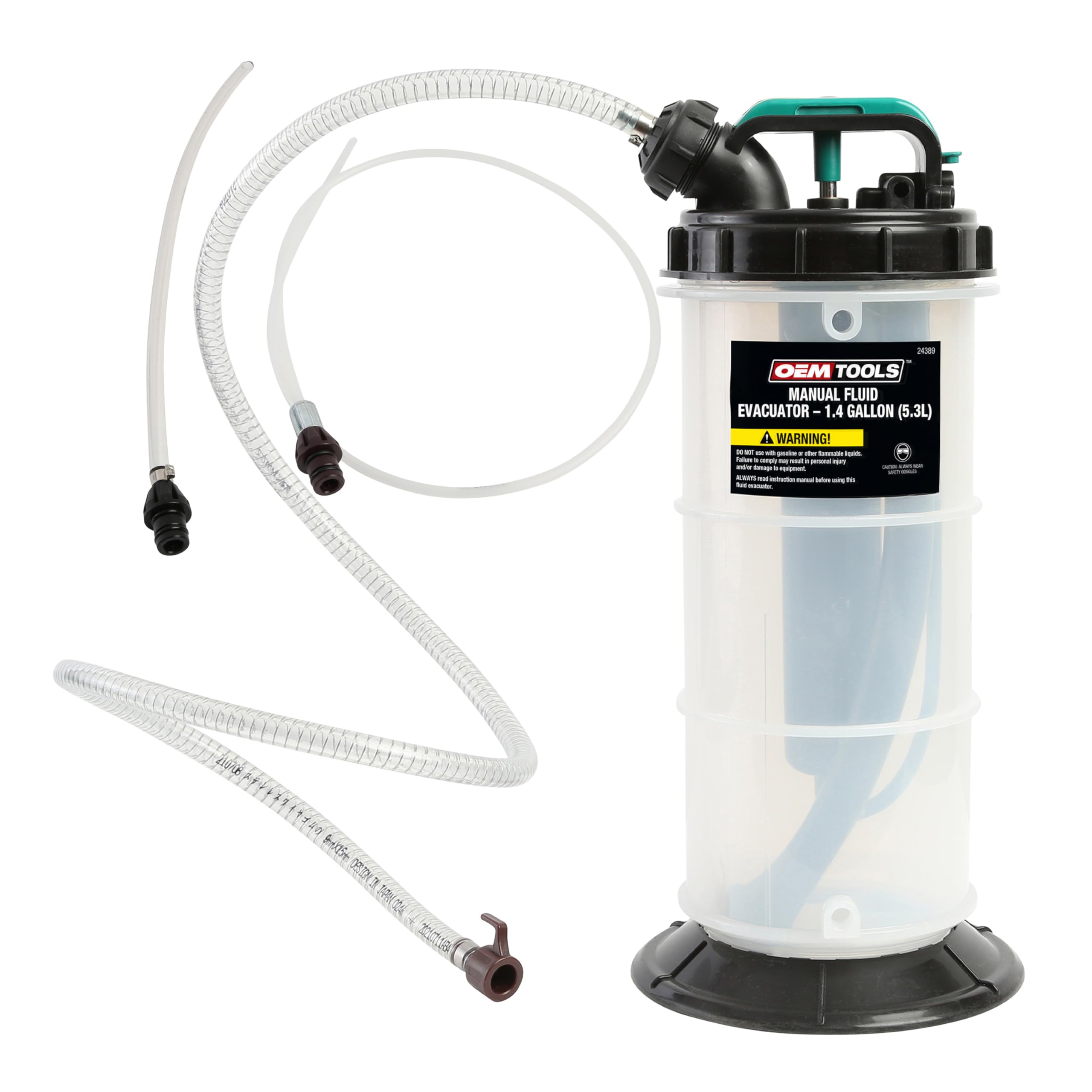 OEMTOOLS front view of extractor pump showing compact reservoir and handle, easy storage