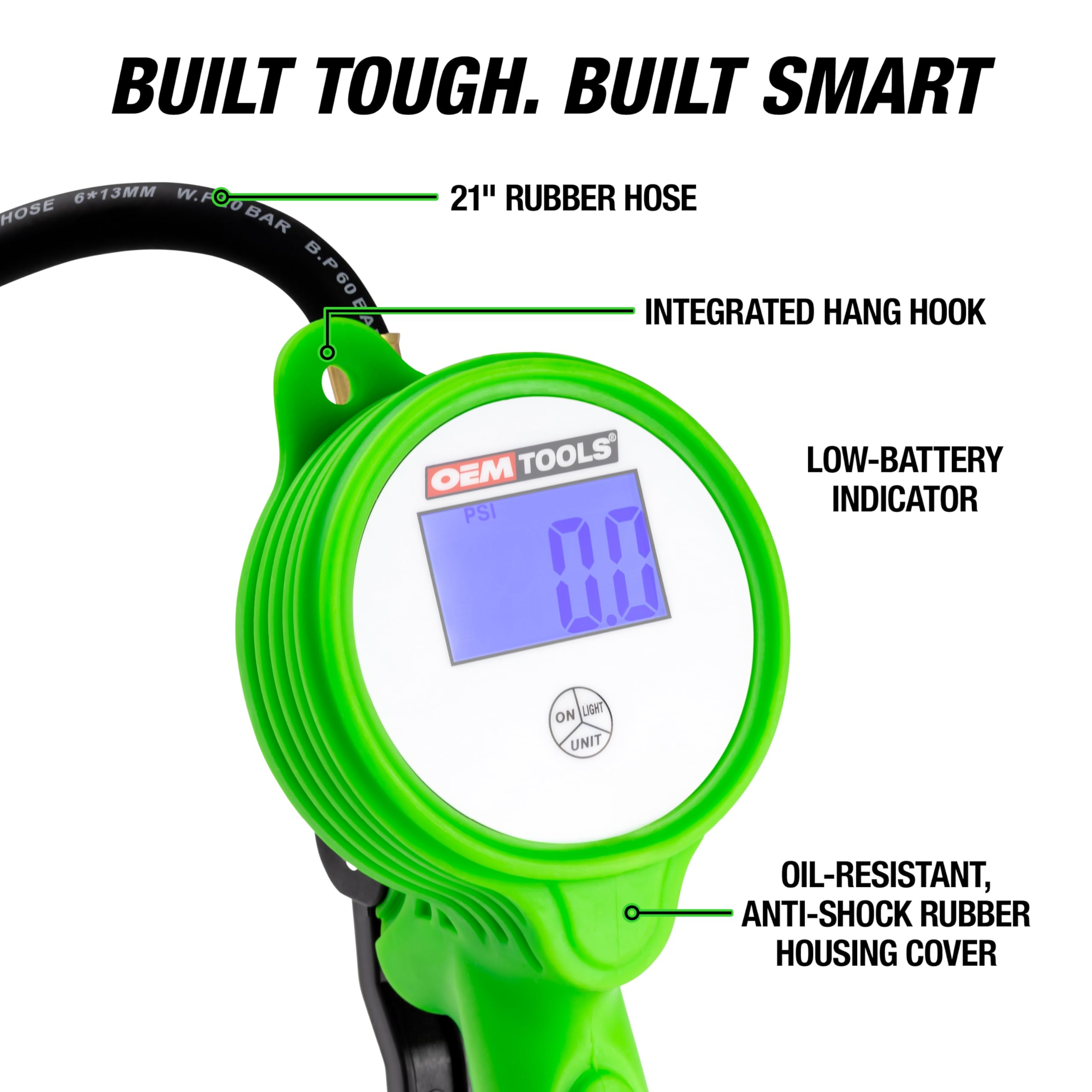 OEMTOOLS battery compartment open showing AAA cells and low-battery indicator convenience
