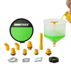 OEMTOOLS clear spill-free funnel showing clean visible flow benefit