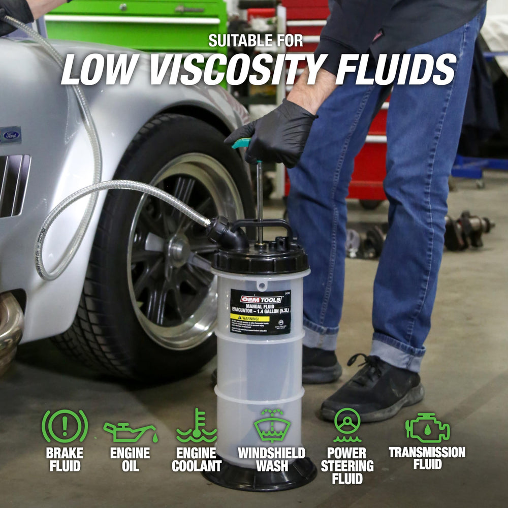 OEMTOOLS hand pump action demonstrated, offering portable, no-power operation benefit