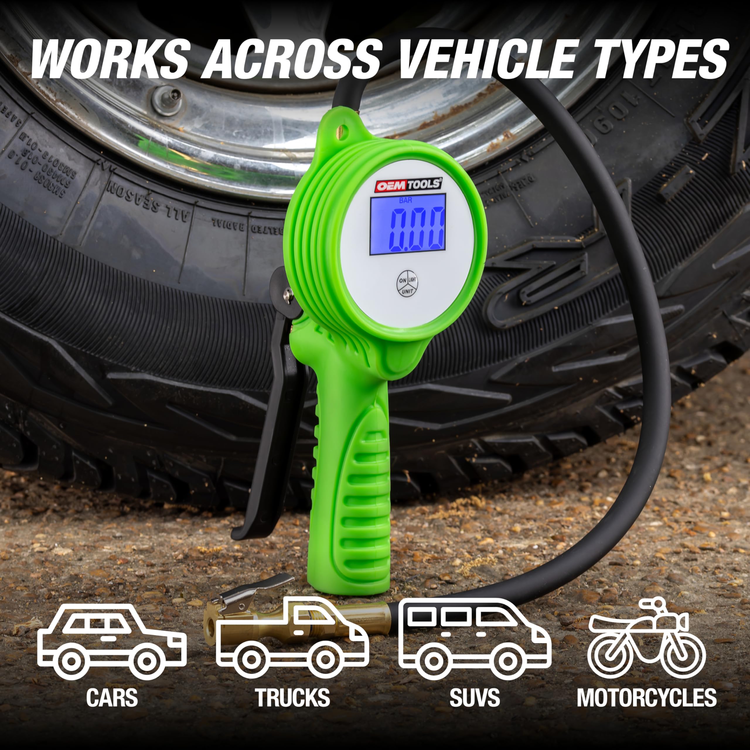 OEMTOOLS inflator attached to a car tire demonstrating fast inflation and secure fit