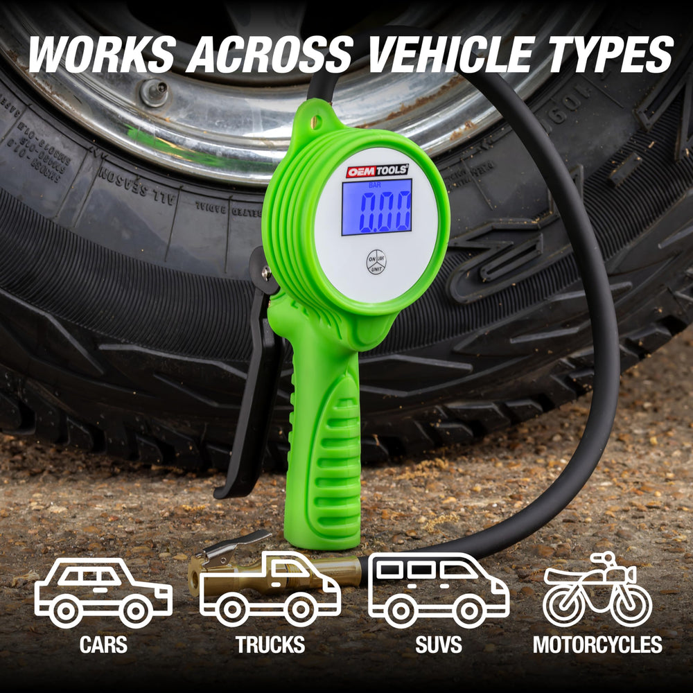 OEMTOOLS inflator attached to a car tire demonstrating fast inflation and secure fit