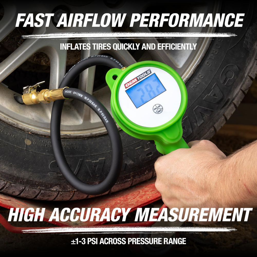 OEMTOOLS backlit LCD display close-up for easy nighttime readings and accuracy