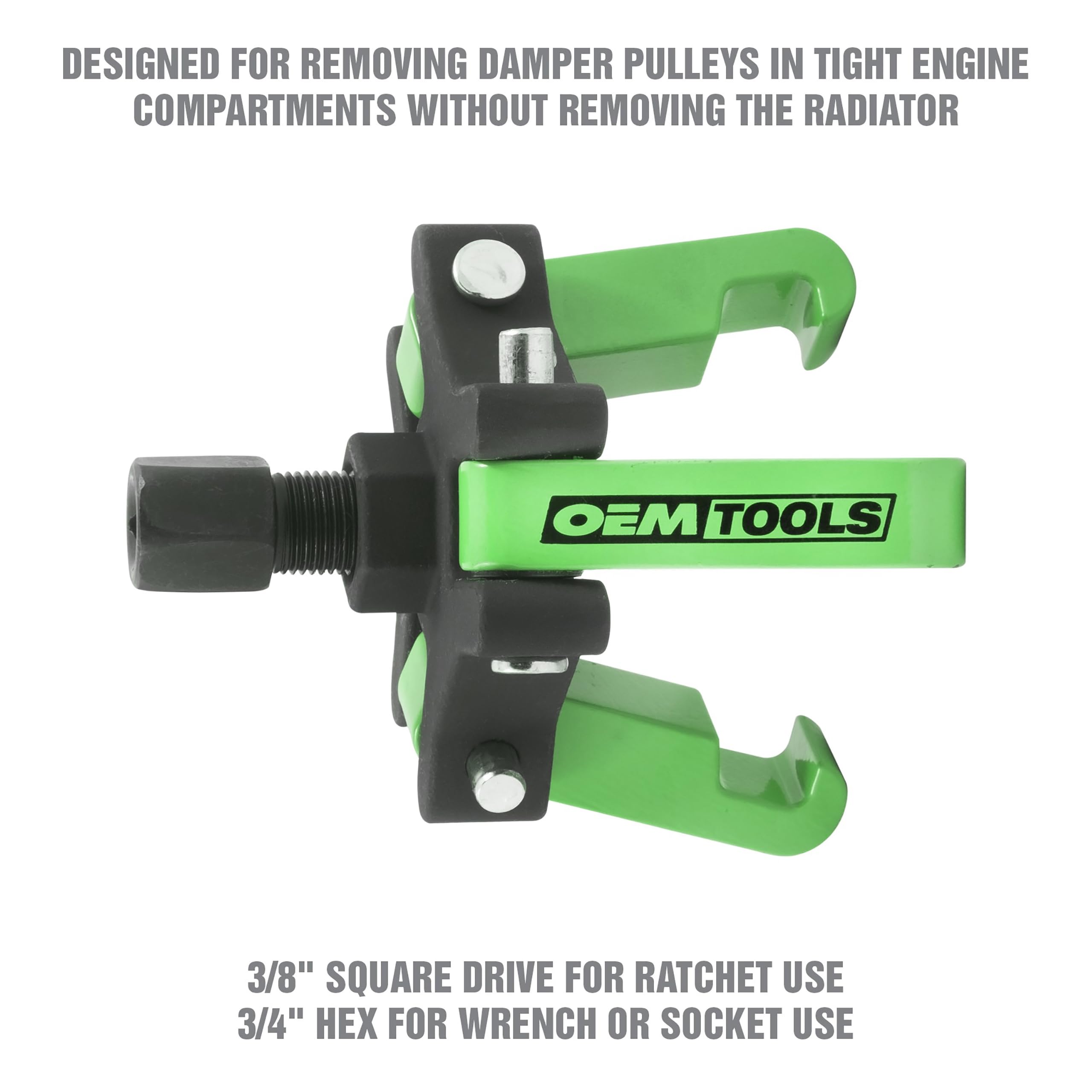 OEMTOOLS three-jaw puller close-up showing secure grip for safer removal