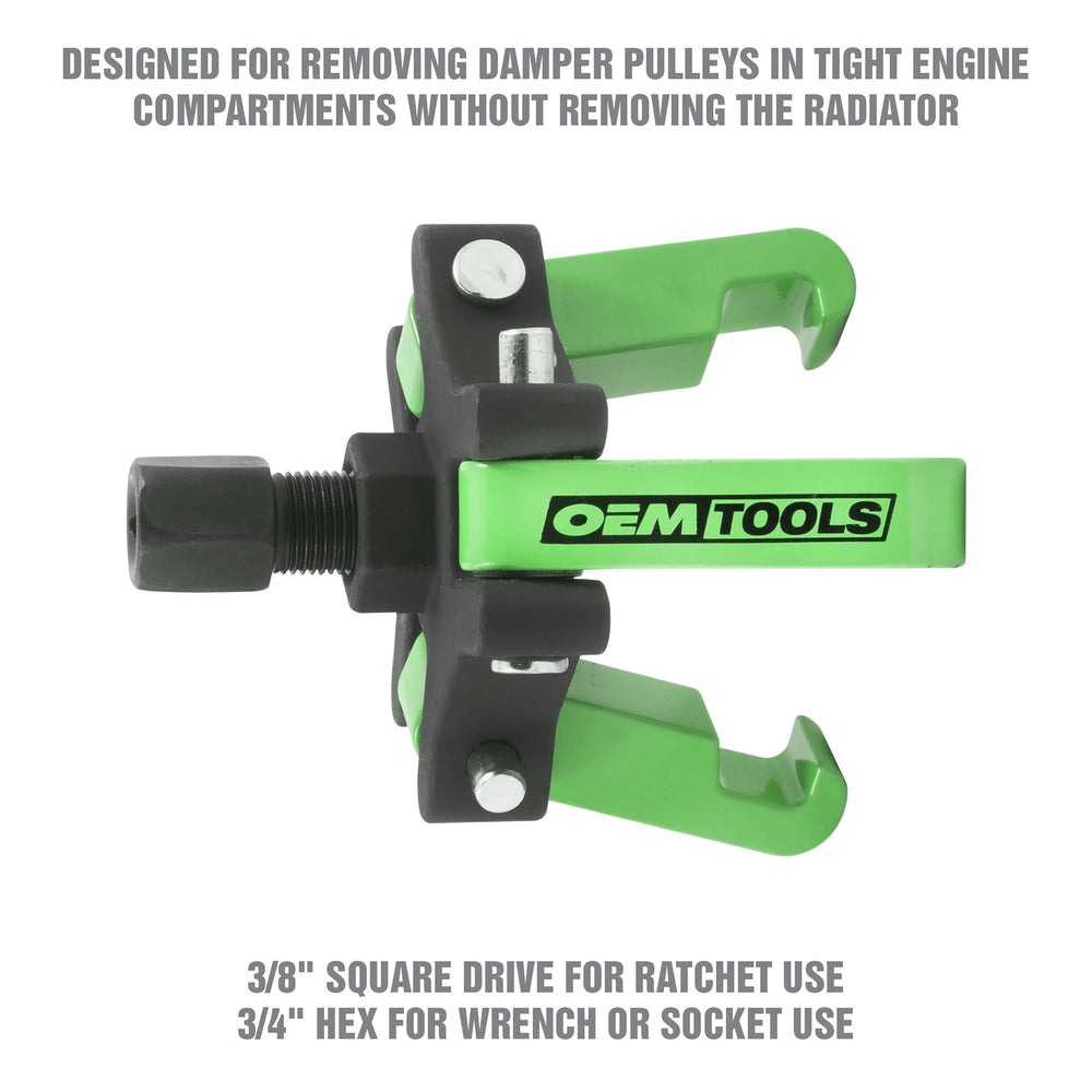 OEMTOOLS three-jaw puller close-up showing secure grip for safer removal