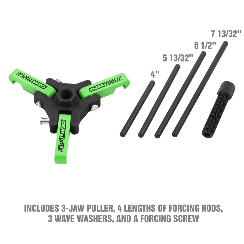 OEMTOOLS puller attached to engine pulley demonstrating tight-space access