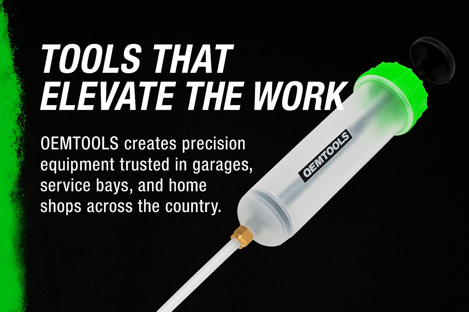OEMTOOLS graduated markings visible with fluid level showing precise milliliter and quart readings
