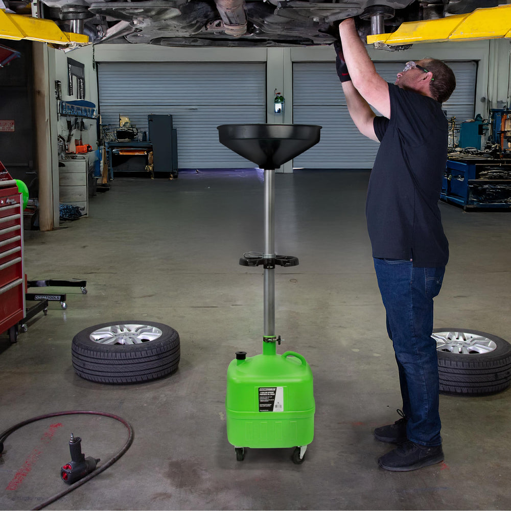 OEMTOOLS next to toolbox showing compact size for garage storage