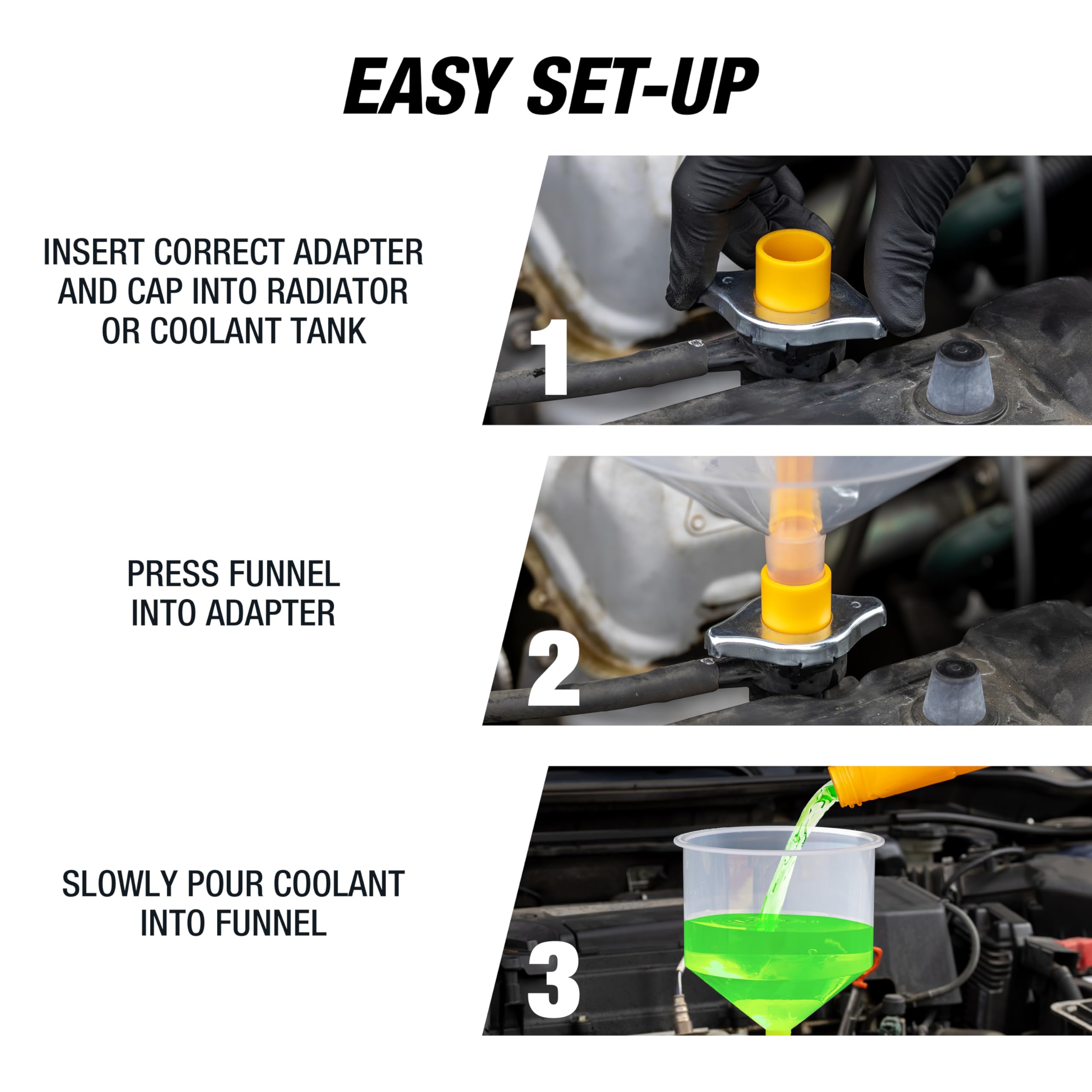 OEMTOOLS transparent funnel with fluid flow visible to avoid air pockets