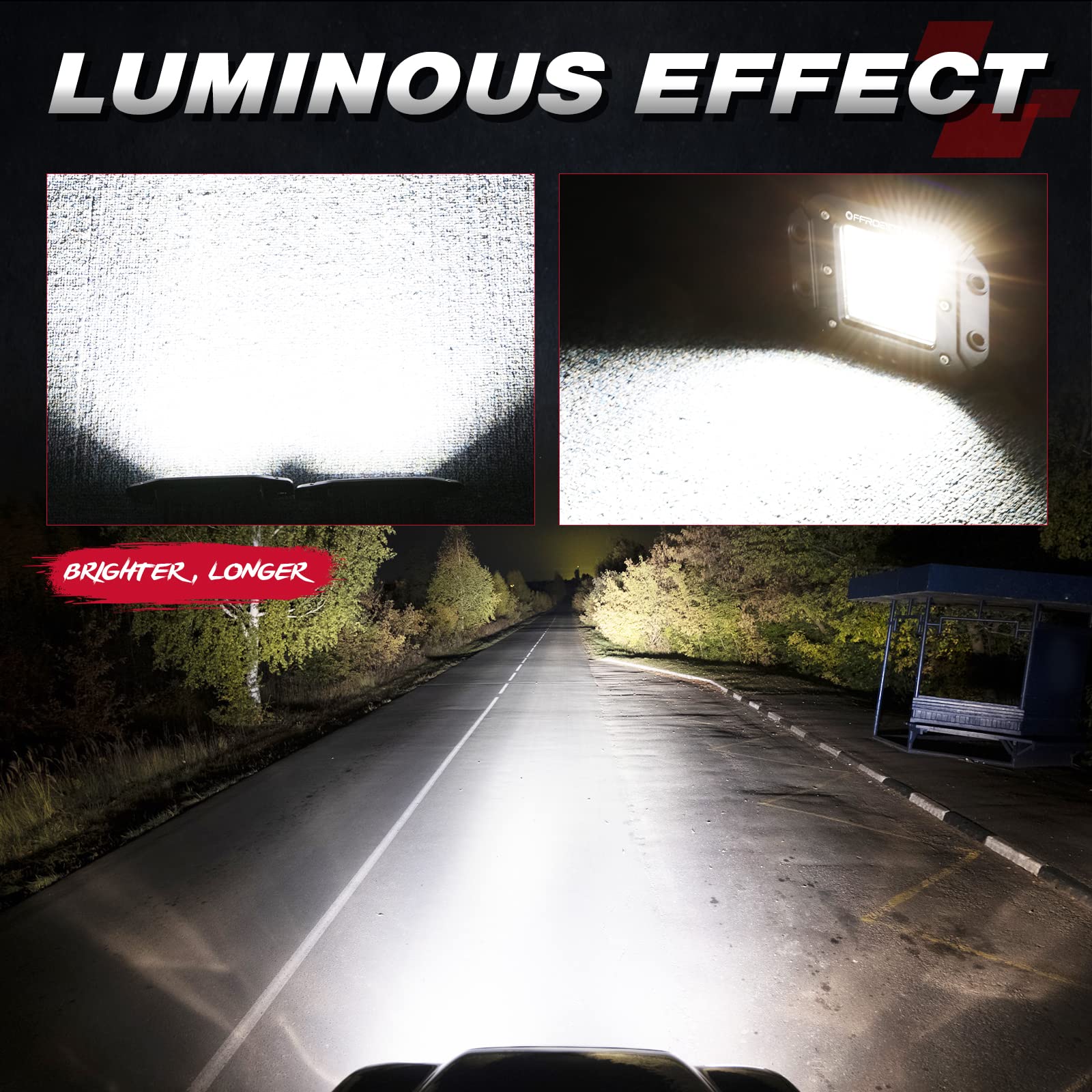 OFFROADTOWN beam pattern at night demonstrating wide flood and central spot clarity