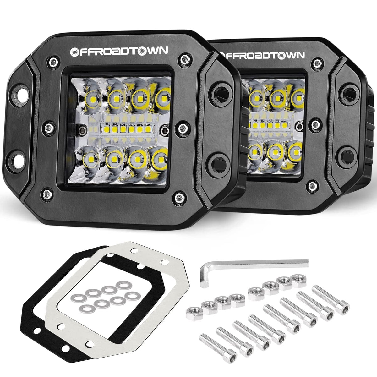OFFROADTOWN front view of flush mount pods showing low-profile fit and bright beam