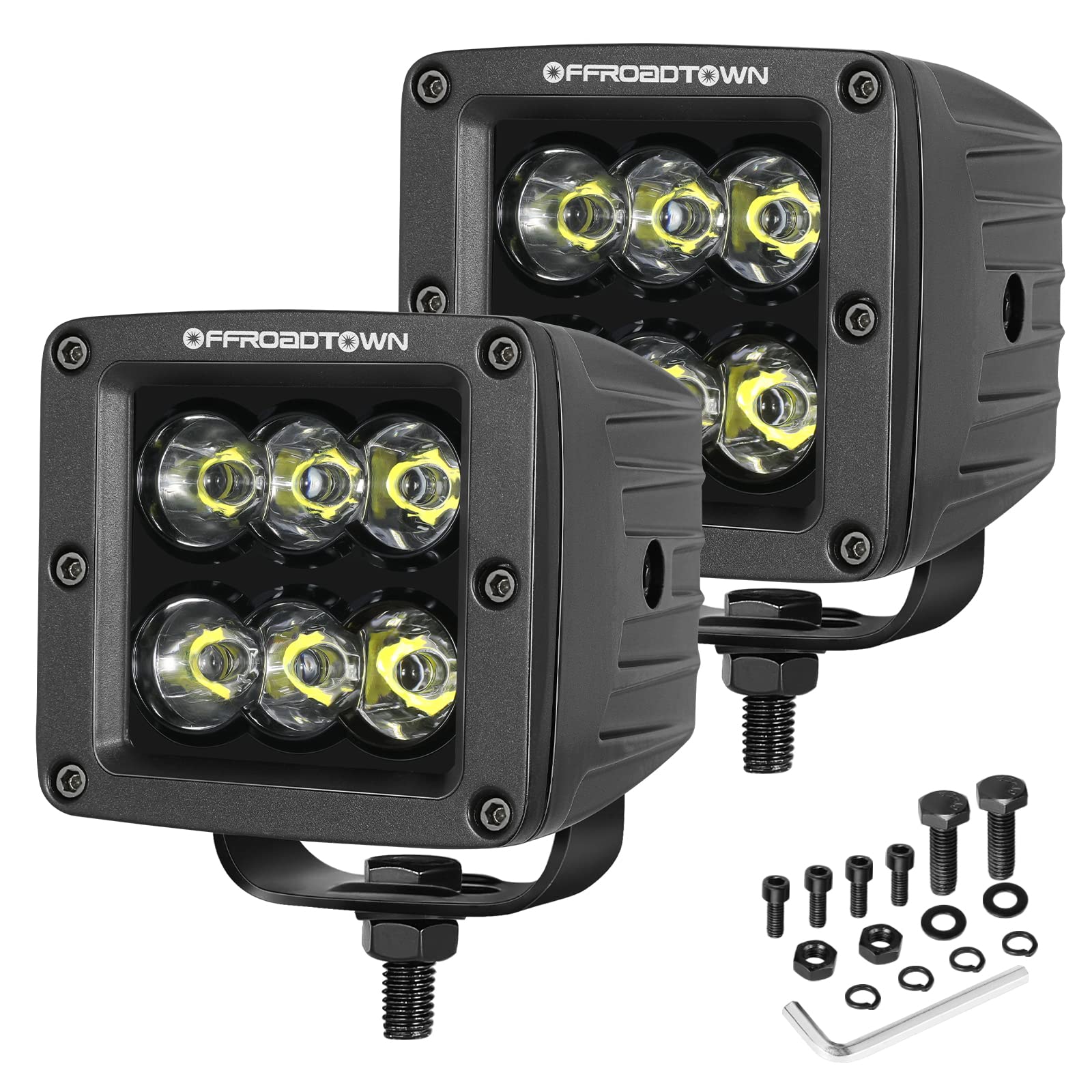OFFROADTOWN front view of dual 3-inch LED cubes showing mounting bracket and finish benefit