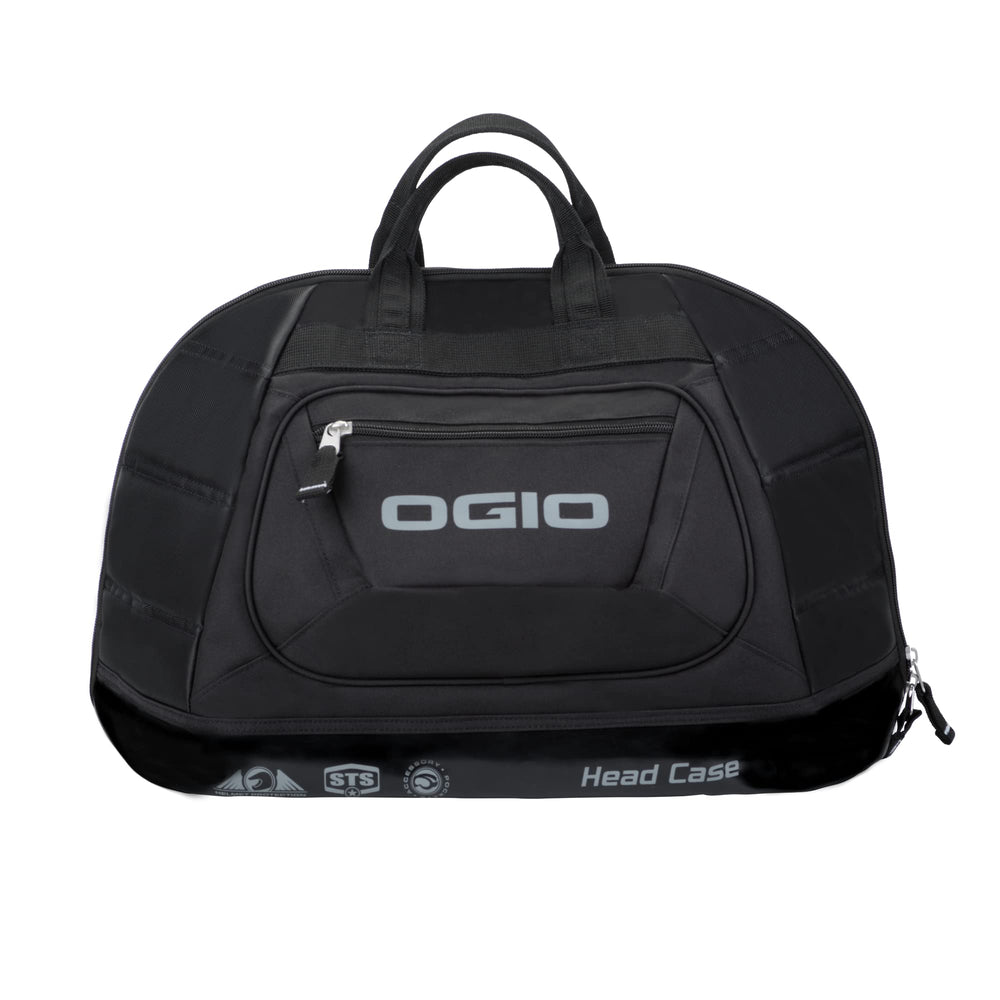 OGIO front view of helmet bag showing shape and zippered pocket, protects helmet