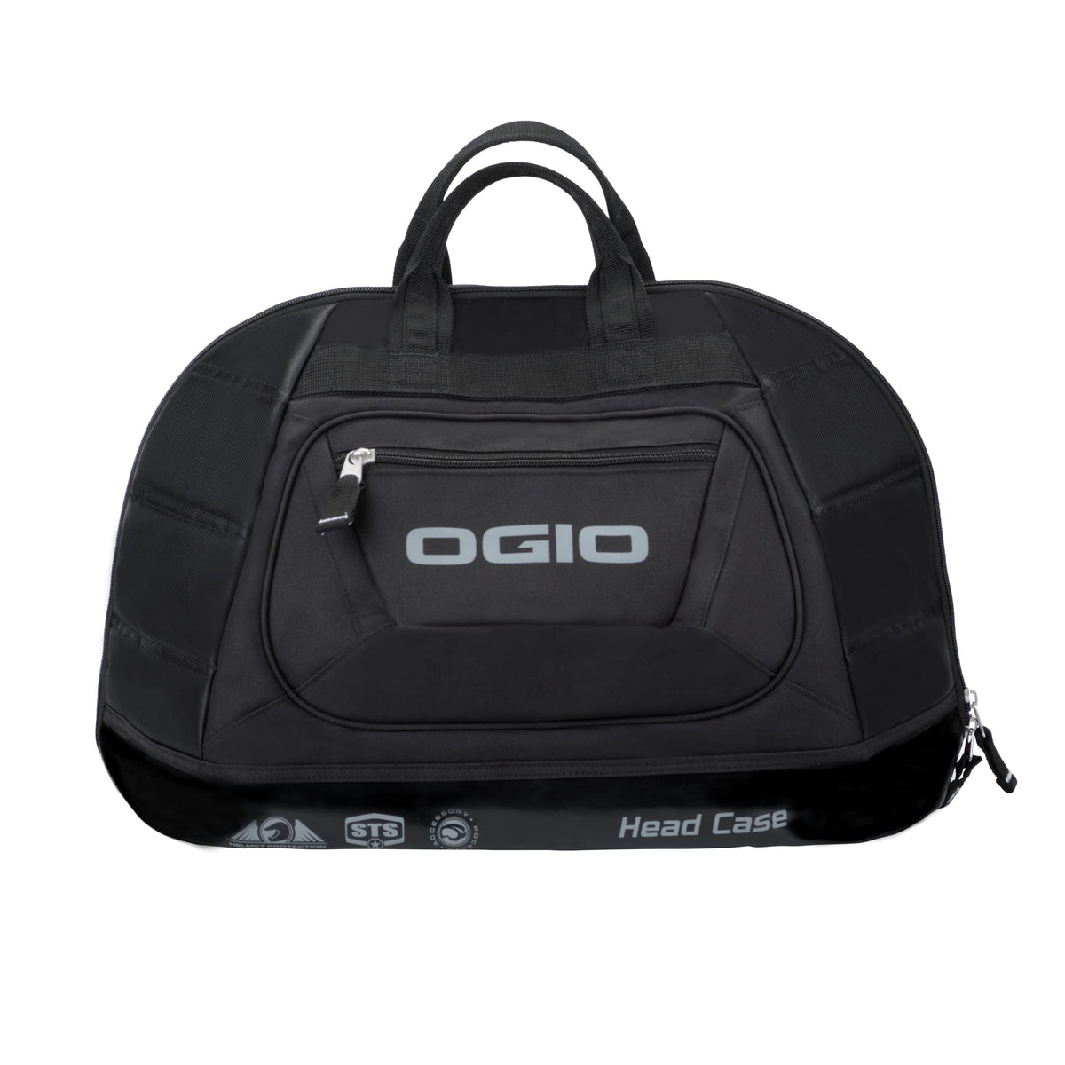 OGIO front view of helmet bag showing shape and zippered pocket, protects helmet