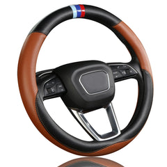 OHHMNKK front view of brown steering wheel cover showing neat fit and style