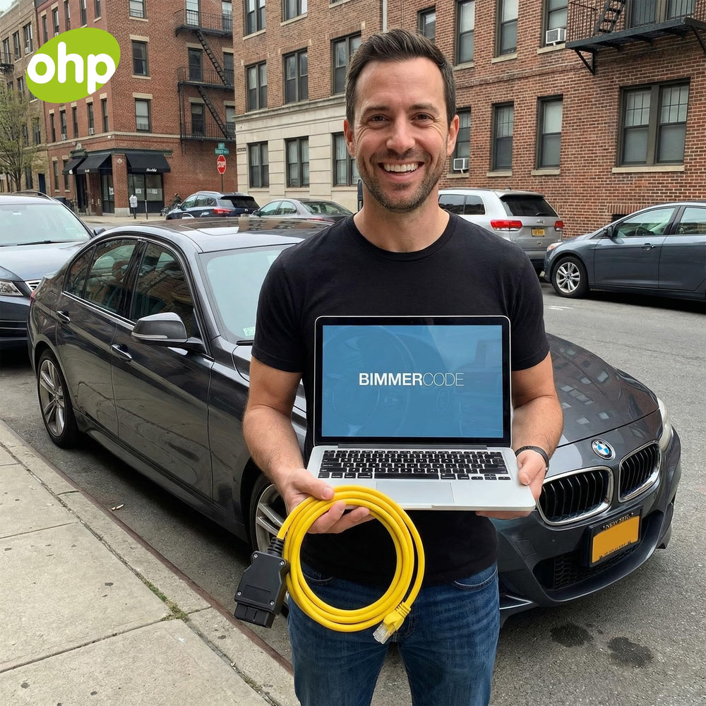 OHP ENET plugged into vehicle OBD port for on-car diagnostics convenience