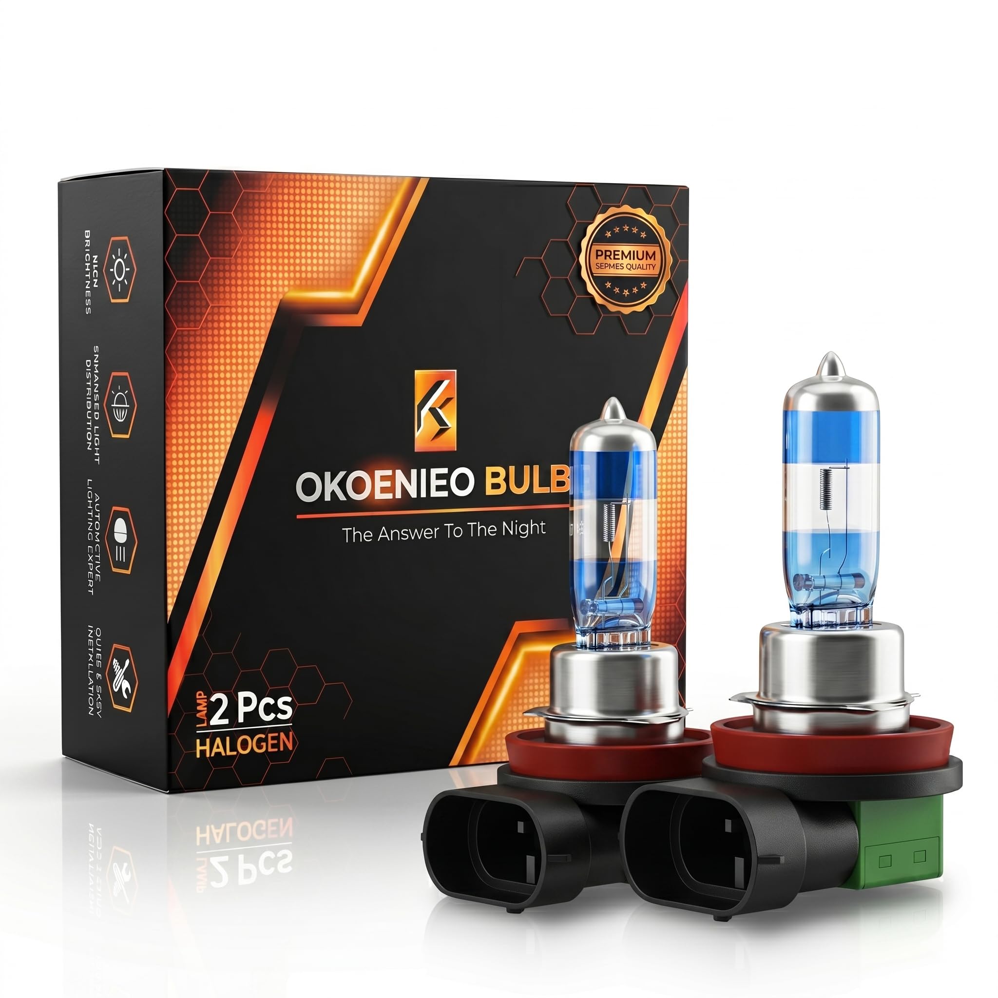 OKOENIEO front packaging showing H11 bulbs and benefits