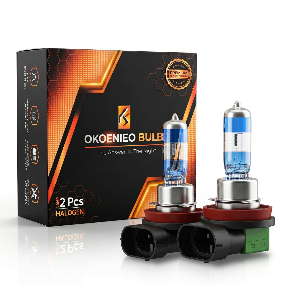 OKOENIEO front packaging showing H11 bulbs and benefits