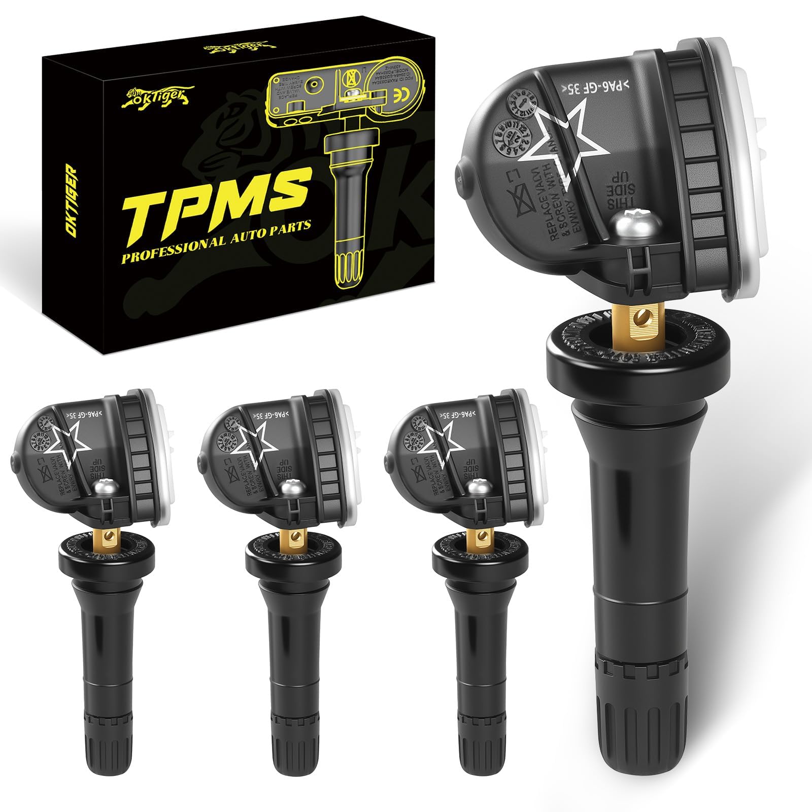 oktiger TPMS front-packaging showing four sensors and warranty card benefit
