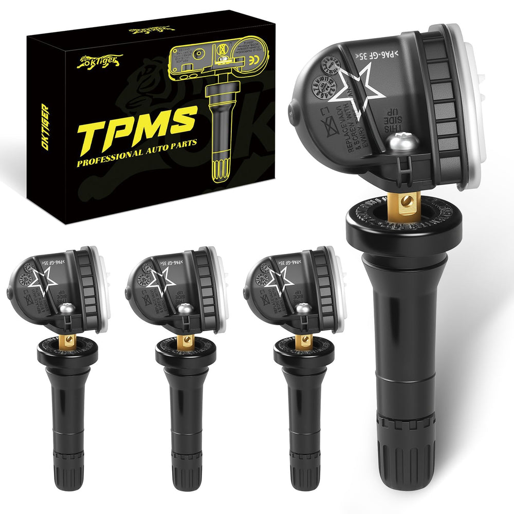 oktiger TPMS front-packaging showing four sensors and warranty card benefit