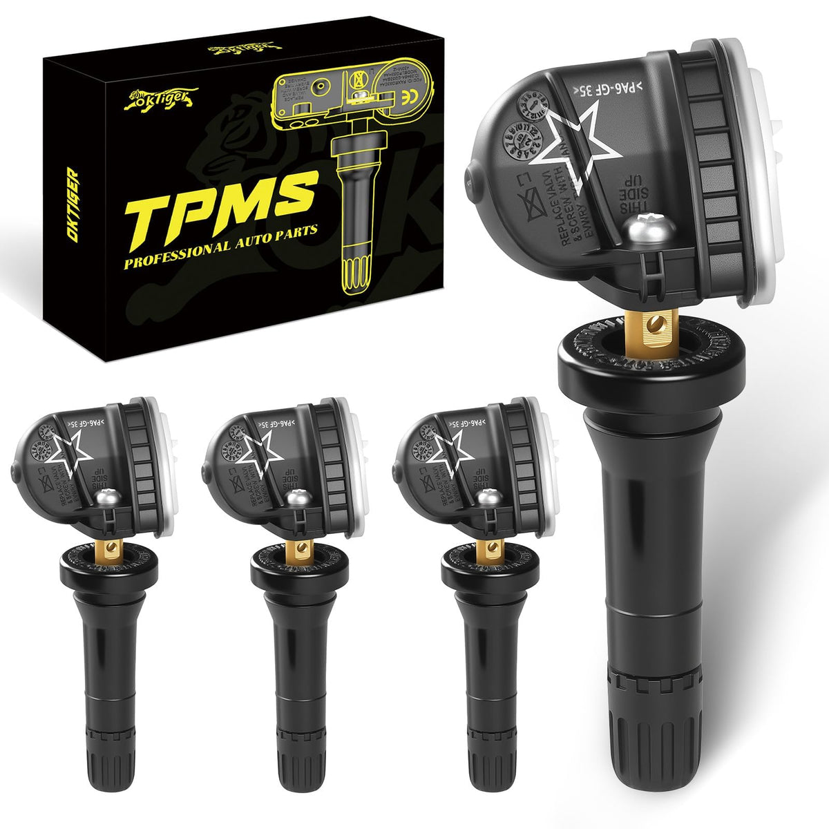 oktiger TPMS front-packaging showing four sensors and warranty card benefit