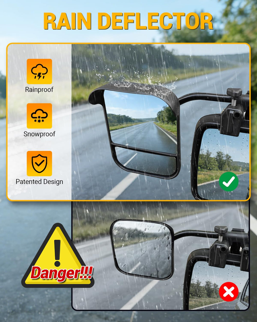 OlaVeg close-up of rain deflector keeping mirror clear in weather