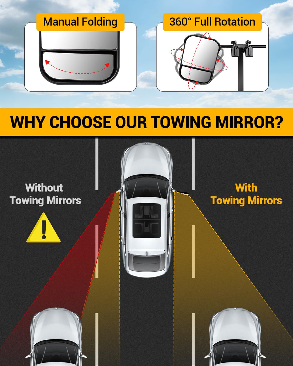 OlaVeg mounted on SUV driver side improving rear visibility while towing