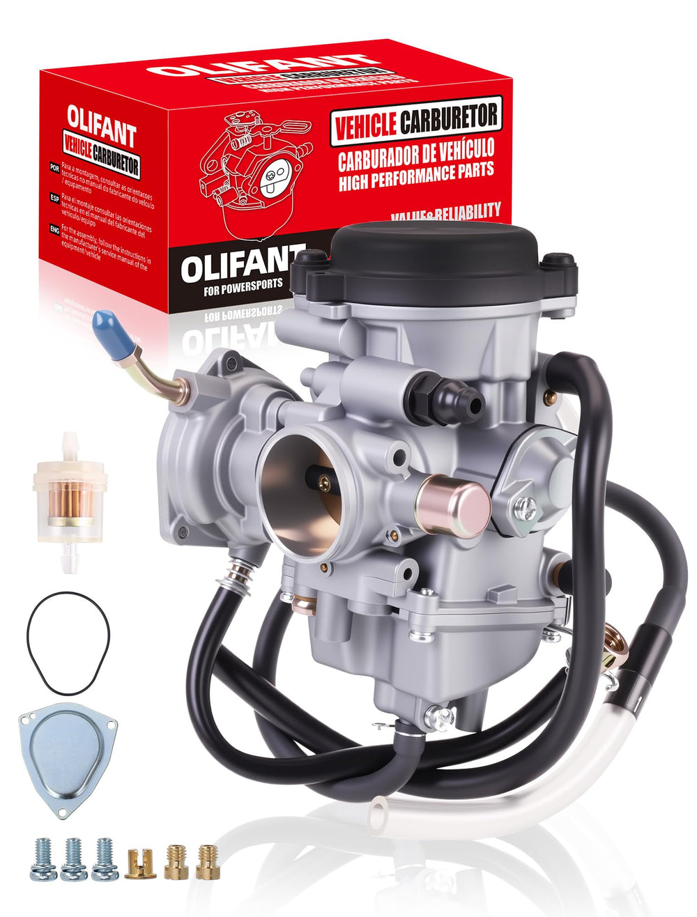OLIFANT carburetor front view showing mounting points and clean finish