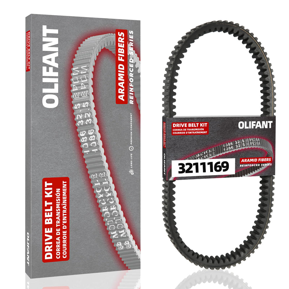 OLIFANT front view of drive belt packaging showing fit and model compatibility