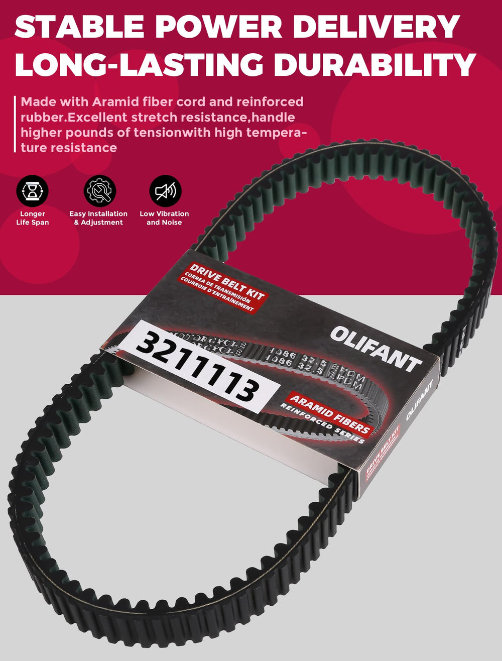 OLIFANT drive belt tooth detail showing abrasion resistance and grip