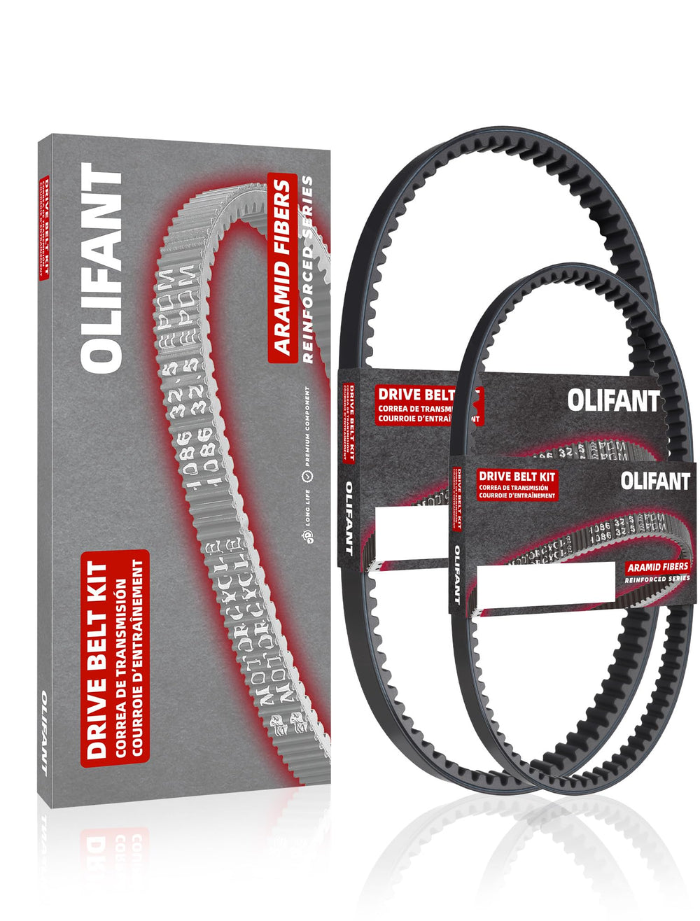 OLIFANT front view of replacement belts showing clear labeling and fit benefits