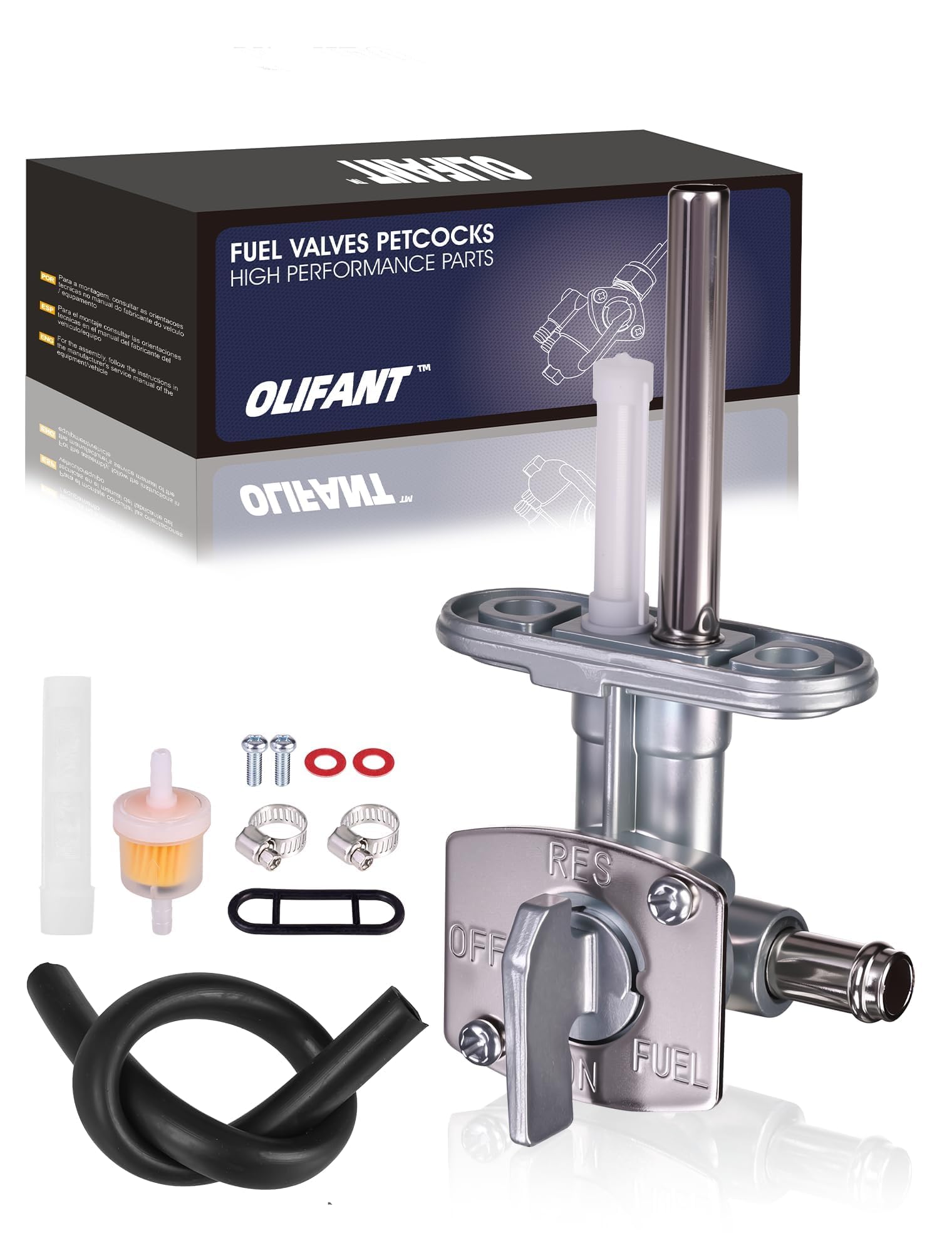 OLIFANT petcock front view showing ports and mounting for easy fit