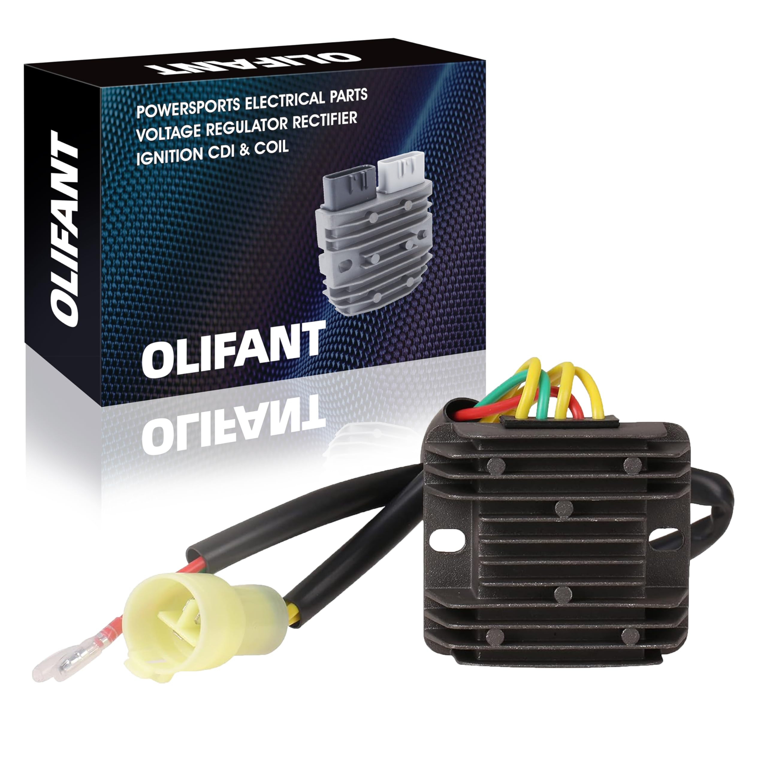 OLIFANT regulator rectifier front view showing mounting points and durability benefits